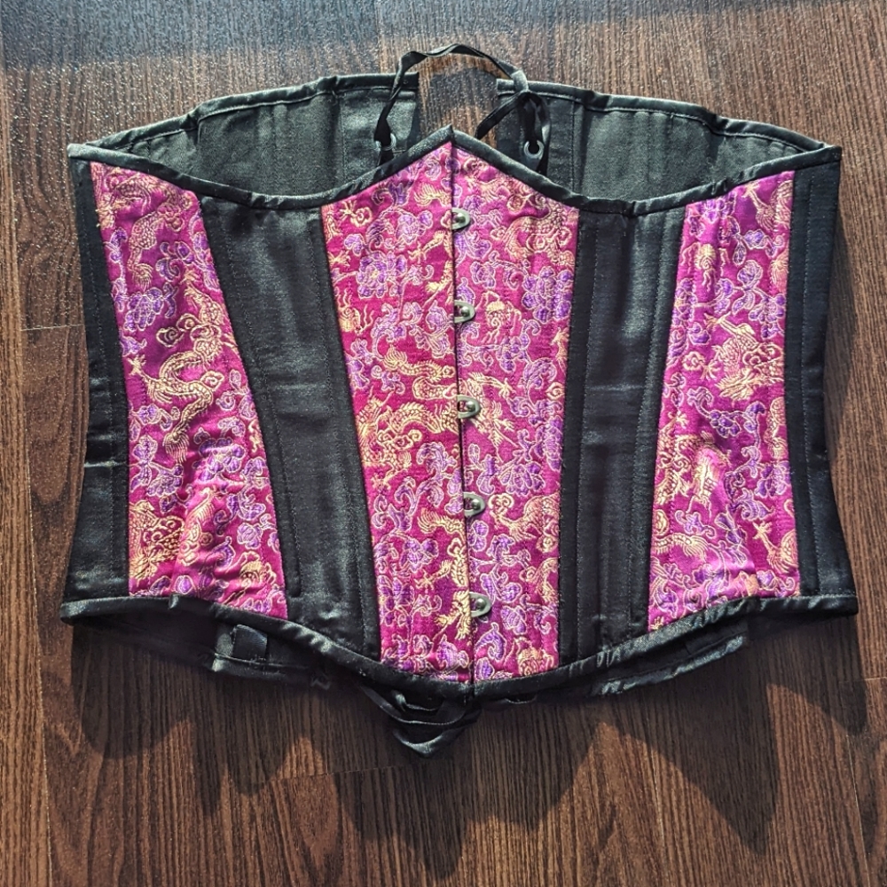 Purple satin dragon print 28in corset